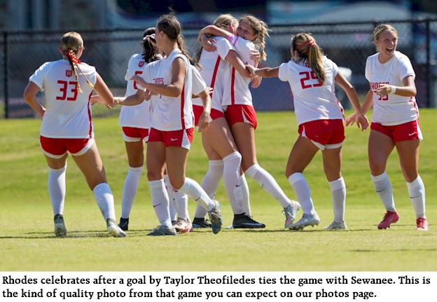 Rhodes celebrates after goal by Taylor Theofiledes ties Sewanee